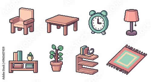 Pixel Art Furniture and Decor Icons for Home Design