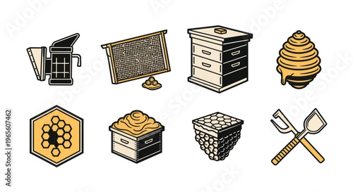 Beekeeper Equipment Icons: Smoker, Frame, Hive, Honeycomb, Tools