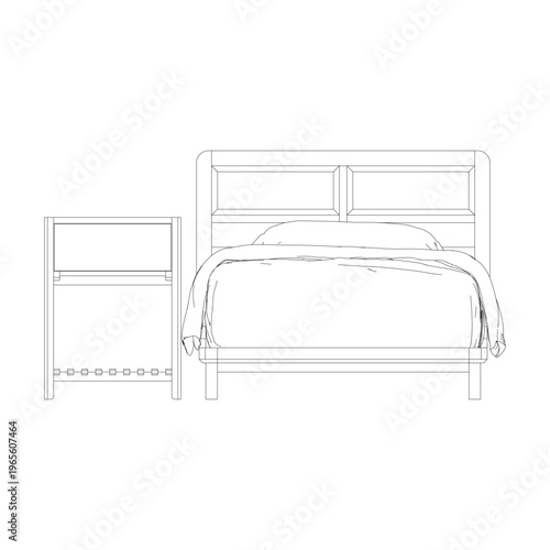Front view of single bed with nightstand in clean outline style, featuring simple modern bedroom furniture design.