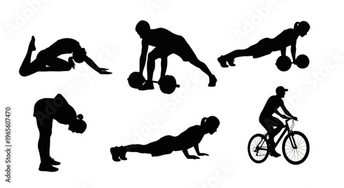 Diverse fitness and exercise silhouettes: Yoga, weightlifting, cycling