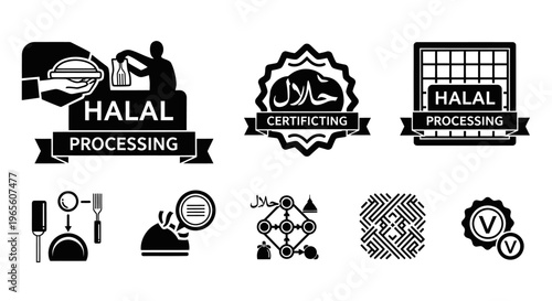 Halal Food Processing Certification and Icons Black and White Vector Set