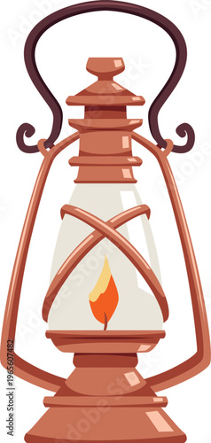 Vintage lantern with burning candle, vector cartoon antique hanging bronze holder with handle, medieval kerosene lamp
