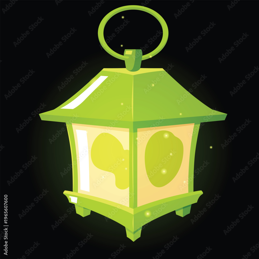 Obraz premium Vintage magic lantern with sparkles glowing on dark background, fairytale antique hanging candle holder green cube shape