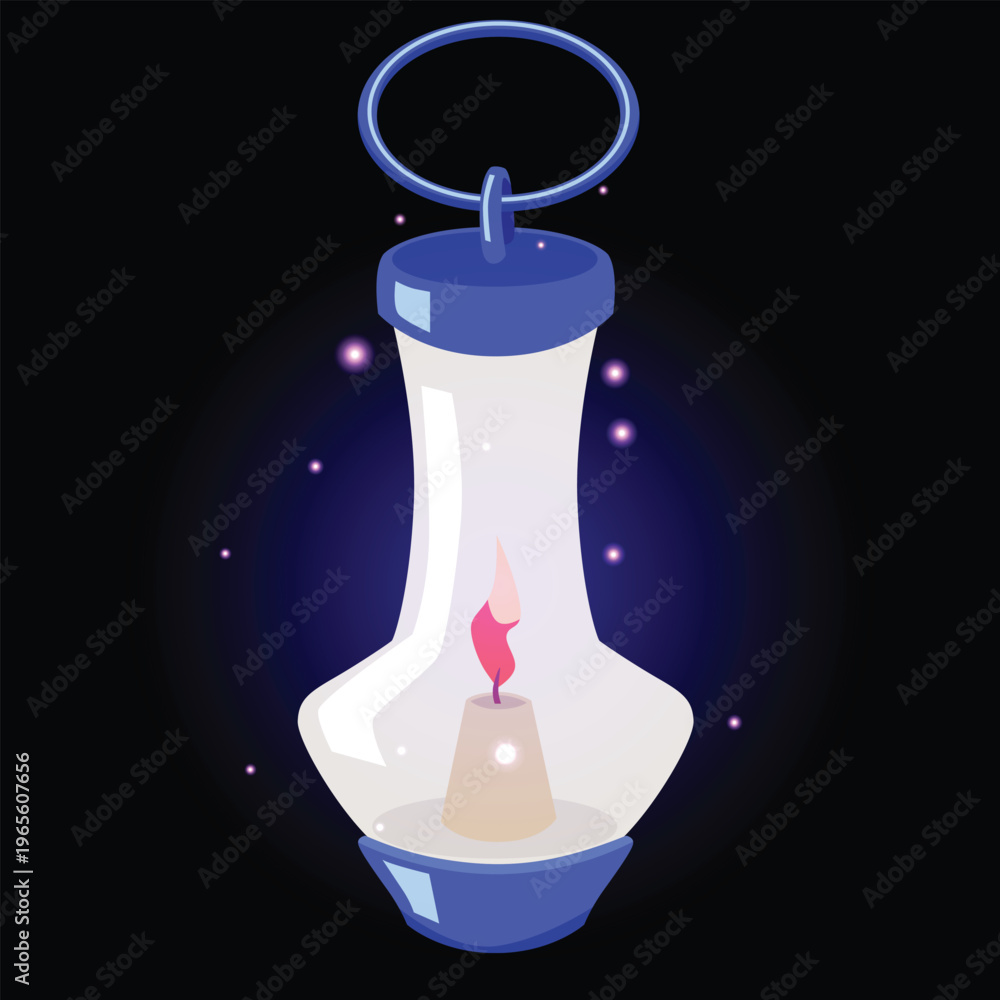Obraz premium A curved glass lantern with a burning candle, glow, and sparks, on a black isolated background.