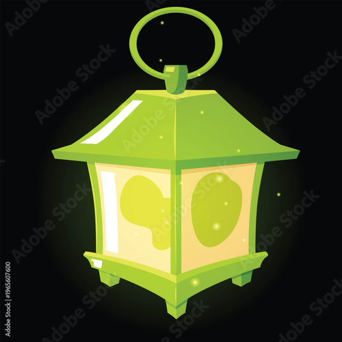 Vintage magic lantern with sparkles glowing on dark background, fairytale antique hanging candle holder green cube shape