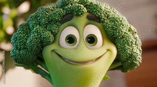 Smiling broccoli character looks at viewer, with bright, blurred background, for food blogs