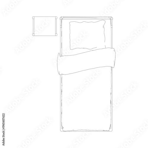 Top view of single bed and nightstand in minimal outline illustration, showing clean layout of bedroom furniture.