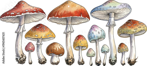 A colorful illustration of various mushrooms in different sizes and shapes on a white background