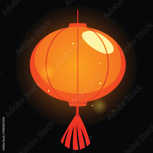 Hanging round red paper lantern with tassel glowing on dark background, vector Asian lamp, oriental decoration light