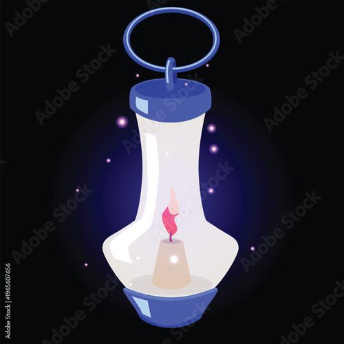 A curved glass lantern with a burning candle, glow, and sparks, on a black isolated background.