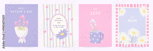 Happy Mother's day greeting card set with flowers, cup and cute pastel design.