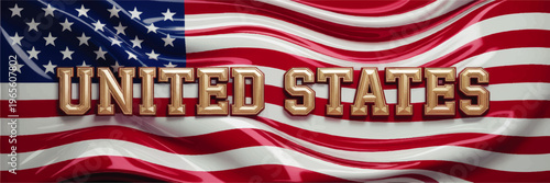 United States text on waving American flag background, patriotic USA banner with stars and stripes illustration for national celebrations