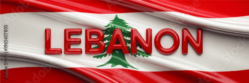 Lebanon flag illustration with 3D red text and cedar tree emblem, glossy patriotic banner design for national celebration backgrounds