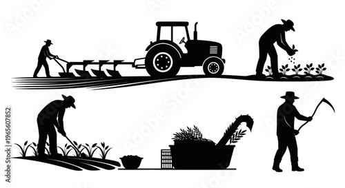 Black and White Silhouette of Farmers Working in Fields with Tractor