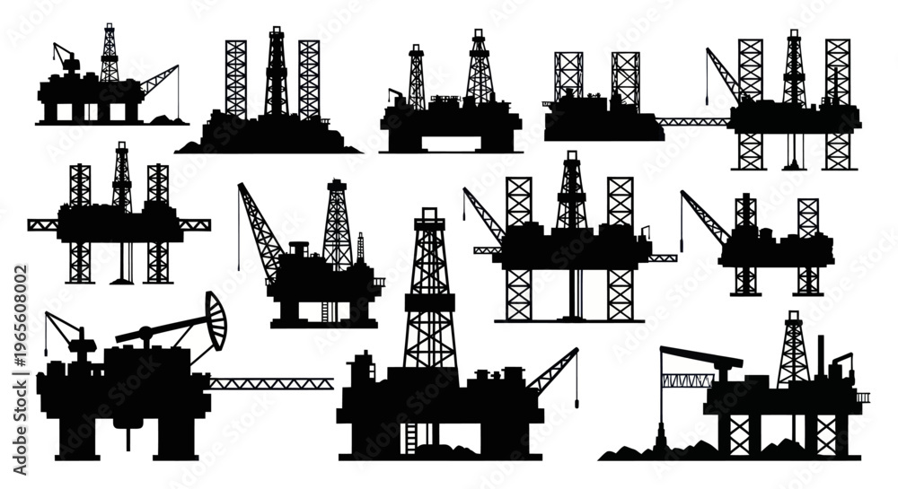 Fototapeta premium Black White Silhouette of Oil Rigs and Drilling Platforms