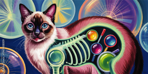 Colorful sci fi cat anatomy illustration with glowing x ray organs and abstract circular background for futuristic veterinary design