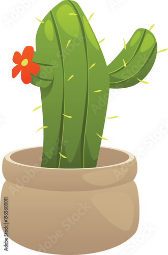 Cactus with flower in pot flat icon, succulent spiny green plant, cartoon exotic tropical Cacti vector flat illustration