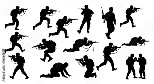 Black Silhouette Soldiers with Rifles in Various Poses