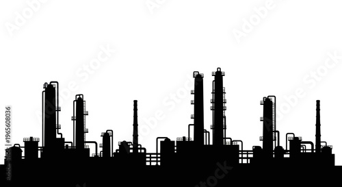 Black and White Silhouette of Industrial Oil Refinery and Chemical Plant