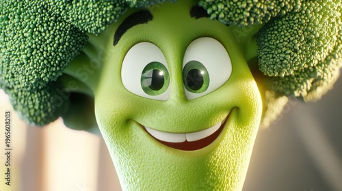 Smiling broccoli cartoon portrait, sunny background, food illustration, educational visual