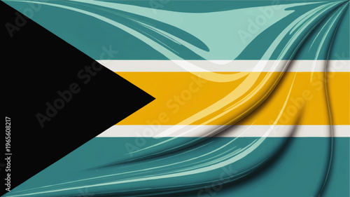 Bahamas flag abstract wavy texture, teal gold and white national banner with black triangle, modern Caribbean patriotic background