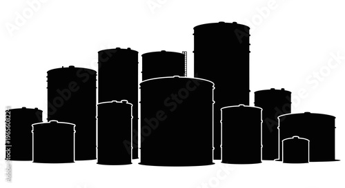 Black and White Silhouettes of Industrial Storage Tanks, Oil and Gas Sector