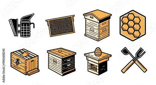 Beekeping Icon Set: Apiary Equipment, Honeycomb, Smoker, Hive, Tools