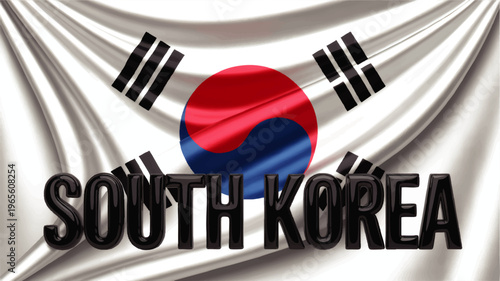 South Korea flag illustration with glossy 3D typography, waving Taegukgi national banner, Korean symbol for travel tourism and patriotism
