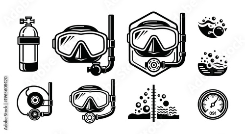 Scuba Diving Equipment Icons Black and White Line Art