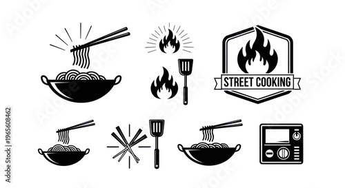 Black and White Vector Icons: Street Cooking, Noodles, Wok, Flames, Spatula, Microwave