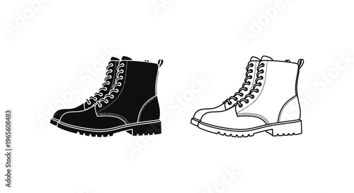 Combat boots vector icons, black silhouette and line art work boots, military style lace-up footwear set, industrial safety shoes for fashion design