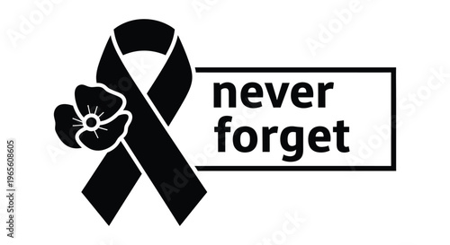 Remembrance Day black ribbon with poppy flower, Never Forget memorial text, commemorative vector icon for veterans and military tribute