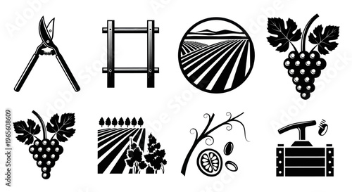 Agriculture Icons: Grapes, Tools, Farm Fields, Vineyard, Harvest - Vector Art