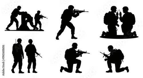 Silhouette Soldiers in Action, Military, Warfare, Combat, Stock Asset