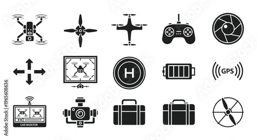 Drone Icons, Technology, Glyph Style Vector Set