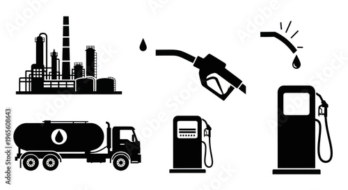 Black  White Icons: Oil Refinery, Tanker Truck, Gas Pump, Nozzle, Drop