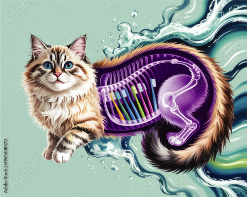 Surreal veterinary illustration of fluffy cat with colorful toothbrush x ray skeleton and flowing water waves on teal background
