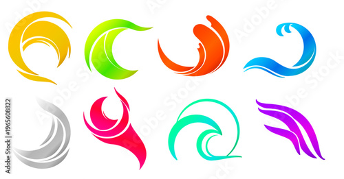 流れるようなカラフルスワール装飾アイコンセット 抽象的な曲線とウェーブのロゴデザイン素材集