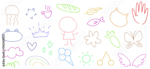 シンプルでかわいい手描き線画アイコンセット 日常モチーフと自然モチーフのカラフルアウトライン素材集