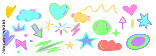 パステルカラーで描かれた手描き風ポップな装飾アイコンセット（ハート・星・雲・矢印・雷・王冠など）かわいい抽象落書きデザイン素材白背景