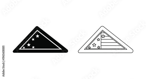 Folded American flag icons in black silhouette and line art styles, ceremonial military burial flag symbols, patriotic memorial day vector graphics
