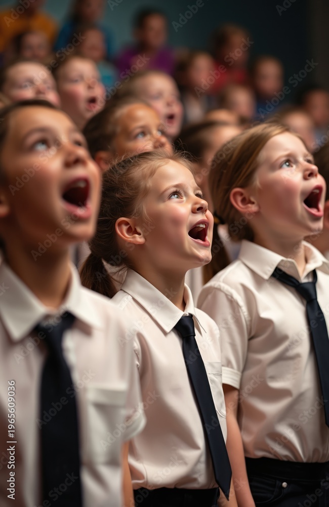 Obraz premium Children choir sings music on stage. Young girls and boys in uniform perform together in school concert. Excited kids create vocal harmony, joy expressed.