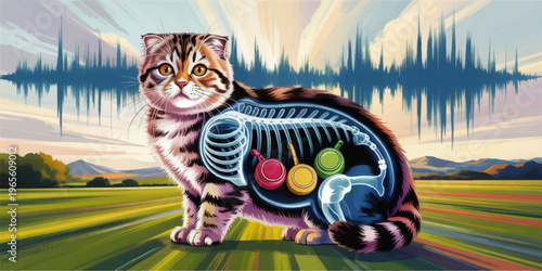 Colorful cat anatomy illustration with x ray ribs and headphones, soundwave landscape background, surreal veterinary concept art