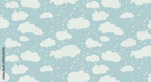 Cute Seamless Pattern of Fluffy Clouds and Stars on Blue Sky Background
