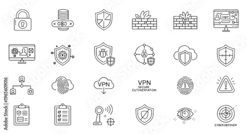 Cybersecurity and network protection line icon set for digital safety
