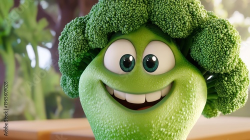 Smiling broccoli character in a kitchen setting, cheerful expression, healthy eating