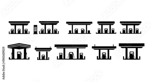 Black  White Glyphs of Diverse Gas Station Icons