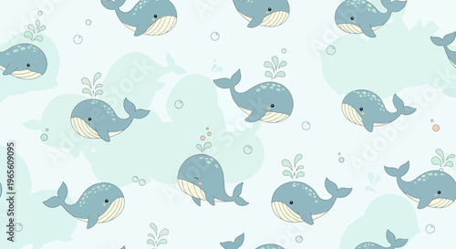 Cute whale pattern, cartoon style, seamless vector illustration
