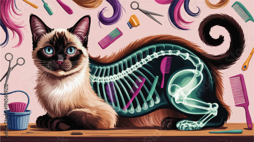 Siamese cat x ray illustration with grooming tools, veterinary radiology concept art for pet care, anatomy, salon and clinic design