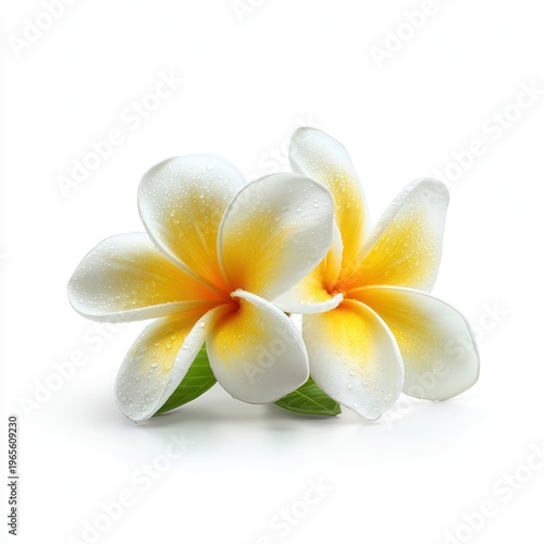 Tropical frangipani flowers on white background, white and yellow plumeria blossoms, spa wellness floral closeup